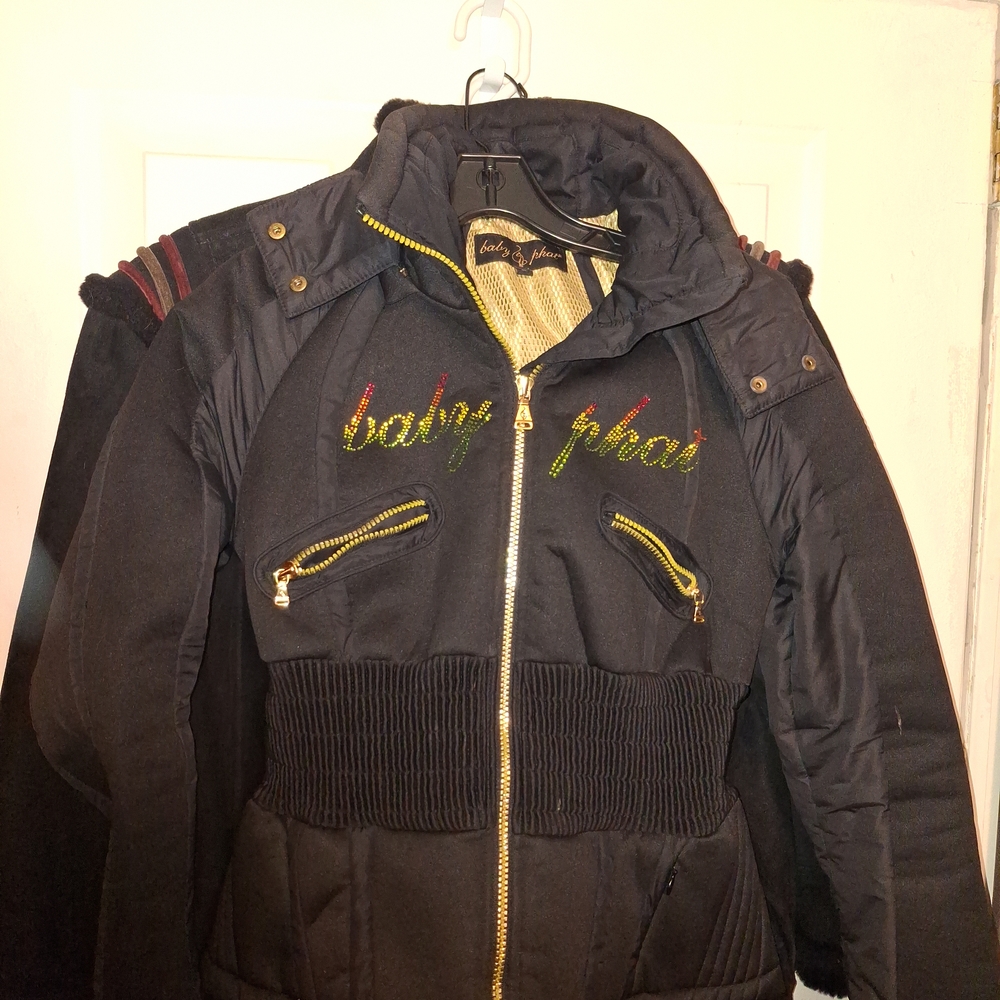 Baby Phat Black Puffer Jacket with Gold Embroidery